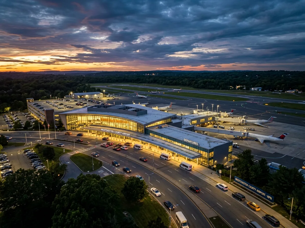 Westchester County Airport HPN terminal exterior at dusk, aerial view, modern terminal building with vehicle access road, dramatic sky
