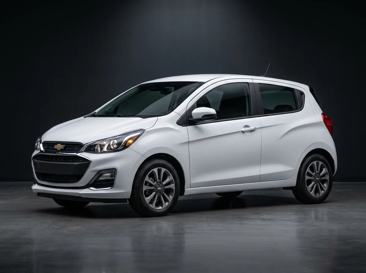 Economy car Chevrolet Spark compact hatchback, white, studio shot on dark background