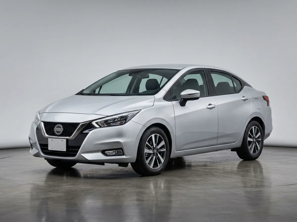 Compact car Nissan Versa sedan, silver, studio shot, clean background