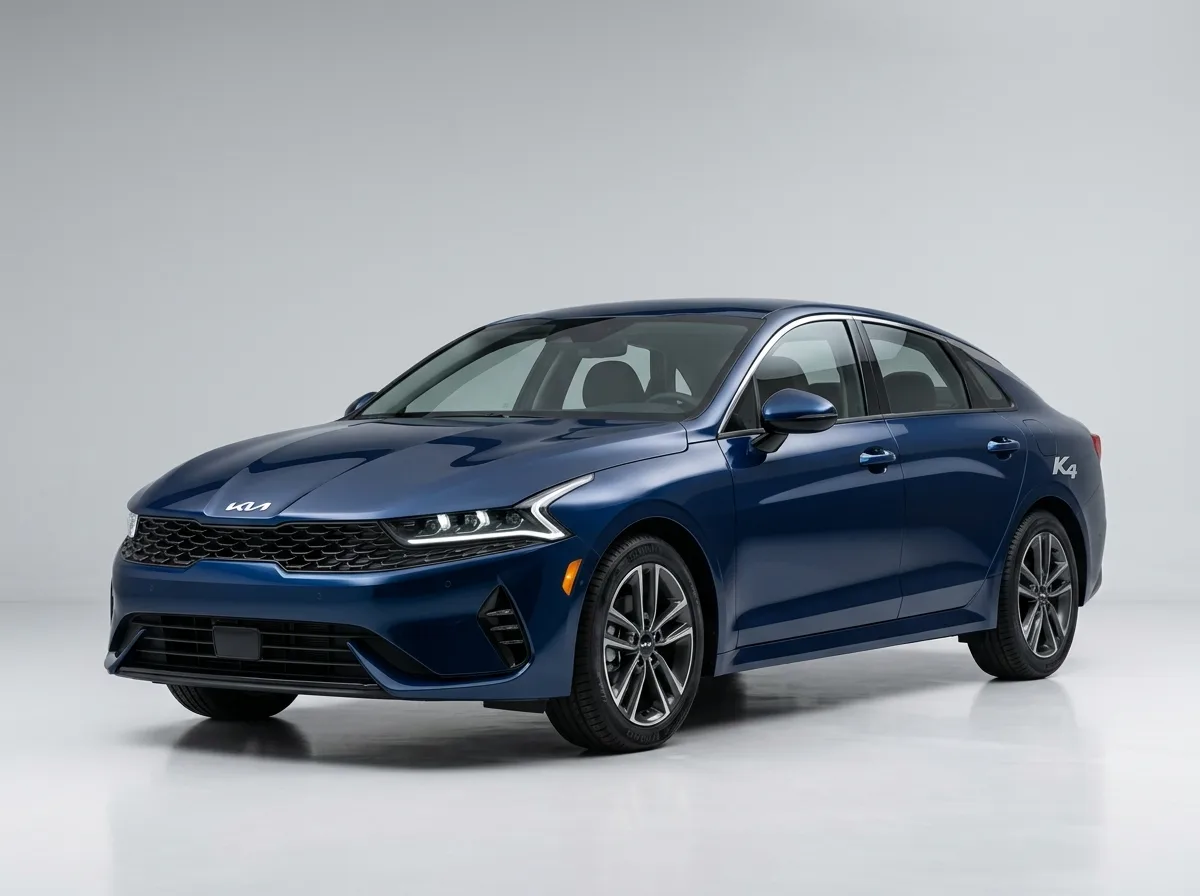 Intermediate sedan Kia K4 dark blue, three-quarter front view, studio clean background