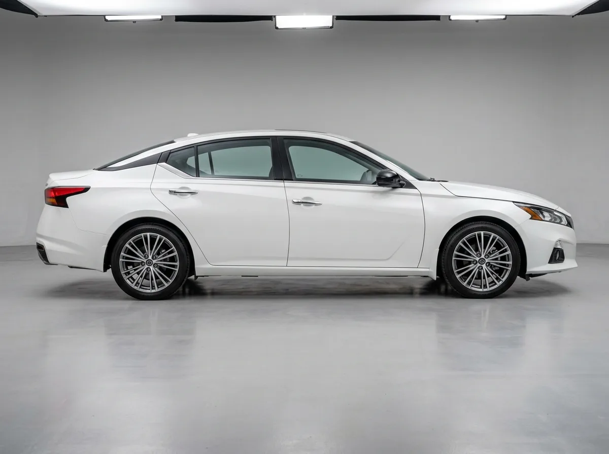 Full-size sedan Nissan Altima white, side profile studio shot, professional vehicle photography