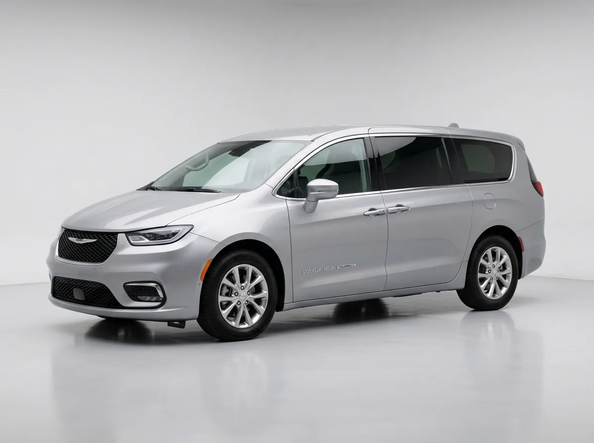 Chrysler Pacifica minivan silver, family vehicle, three-quarter view clean studio background