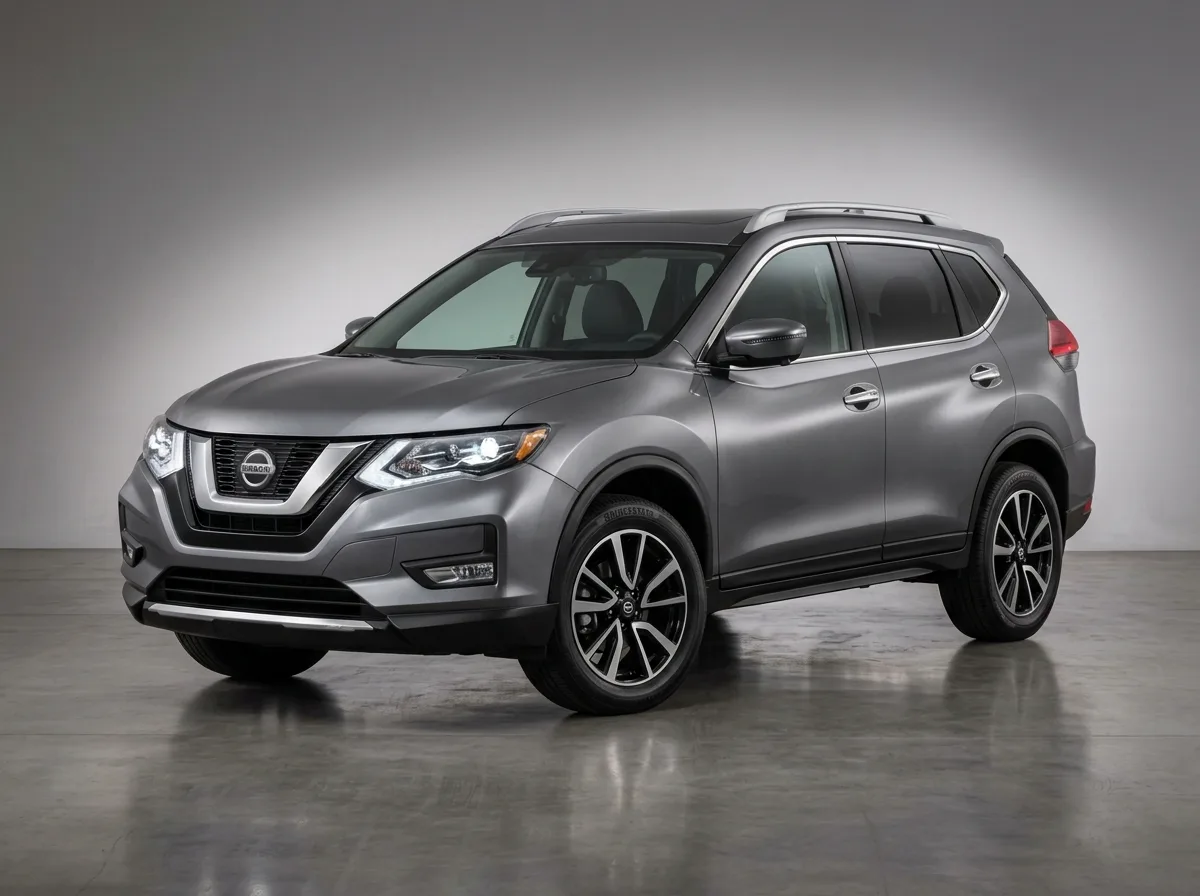 Nissan Rogue compact SUV crossover gray metallic, studio photography three-quarter front view