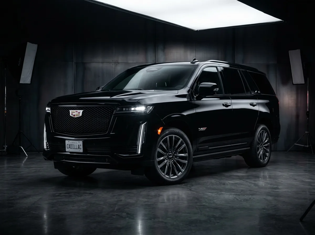Premium luxury SUV Cadillac Escalade black gloss, dark studio, dramatic lighting, upscale vehicle photography