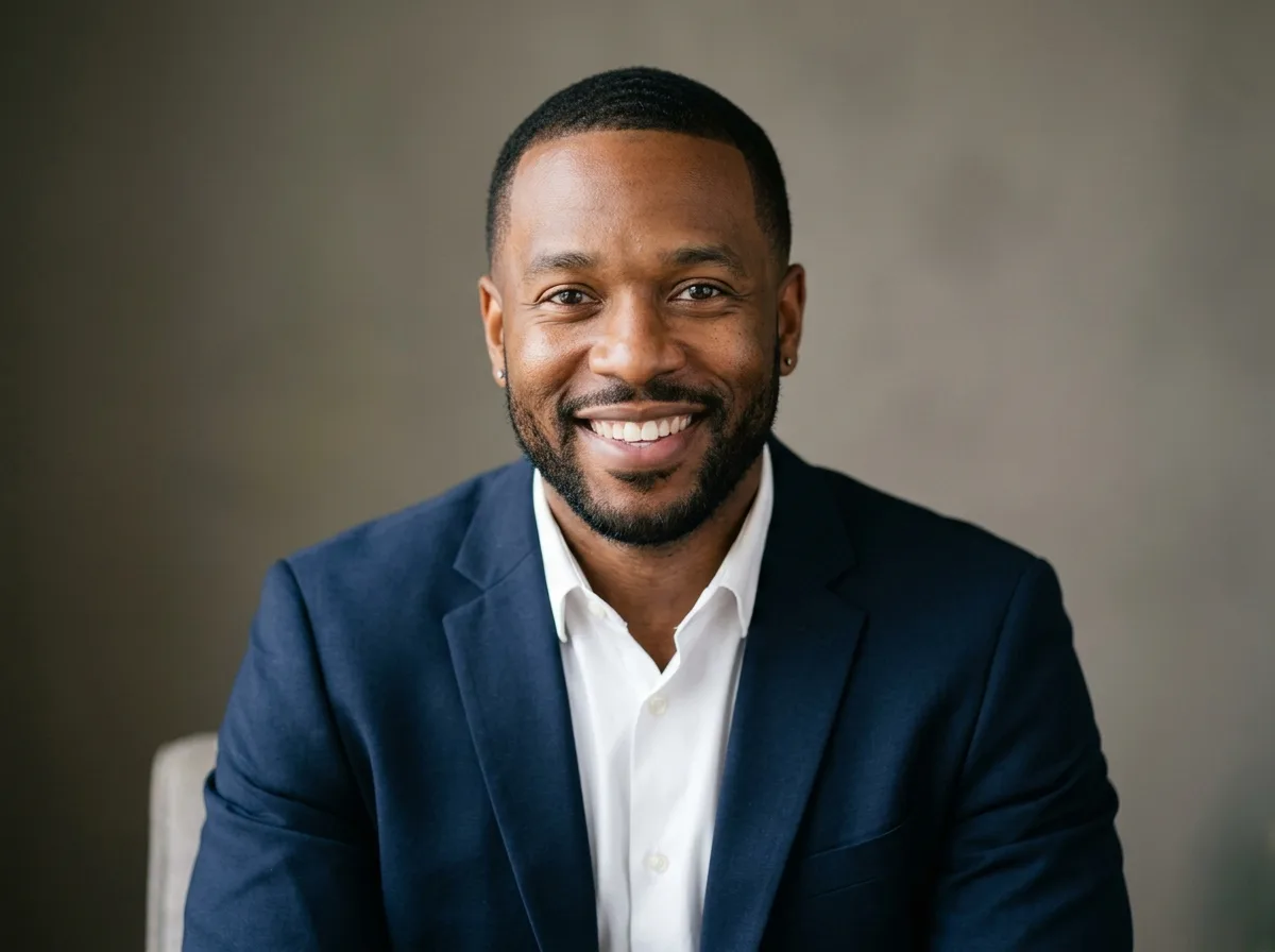 Headshot portrait of satisfied customer Marcus W. smiling, professional photo, neutral background
