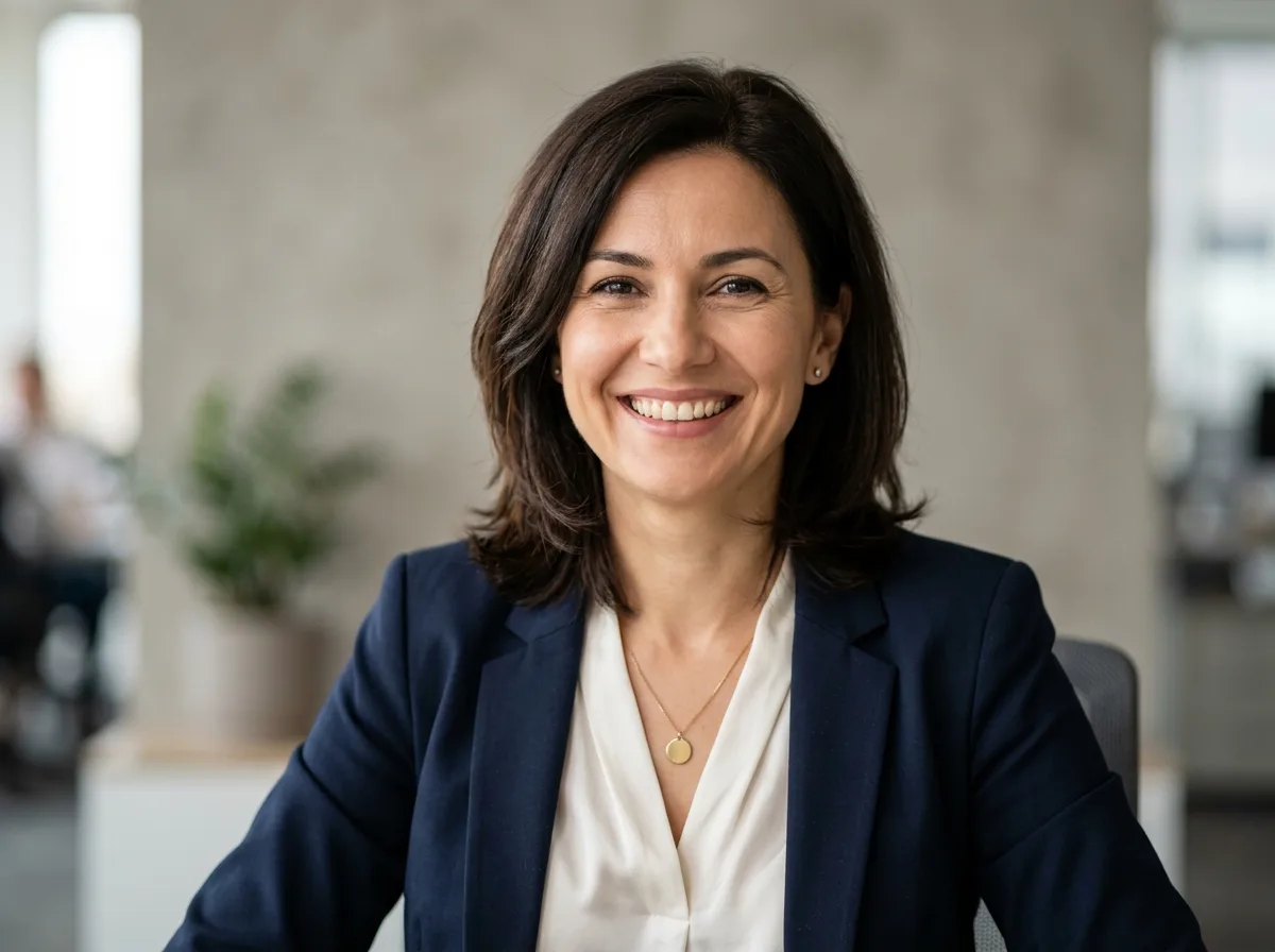 Headshot portrait of satisfied customer Diana K. smiling, professional photo, neutral background