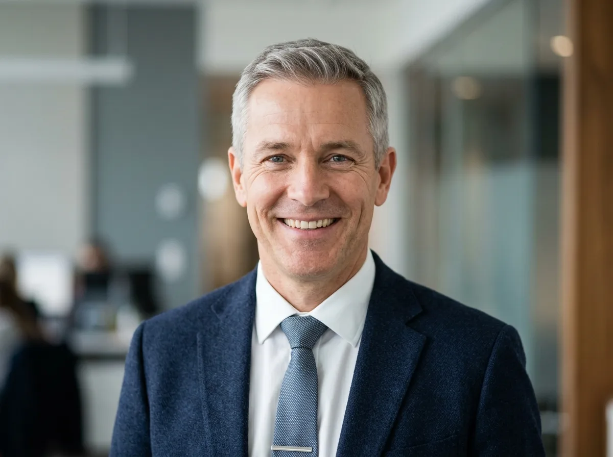 Headshot portrait of satisfied customer Robert L. smiling, business traveler, neutral background
