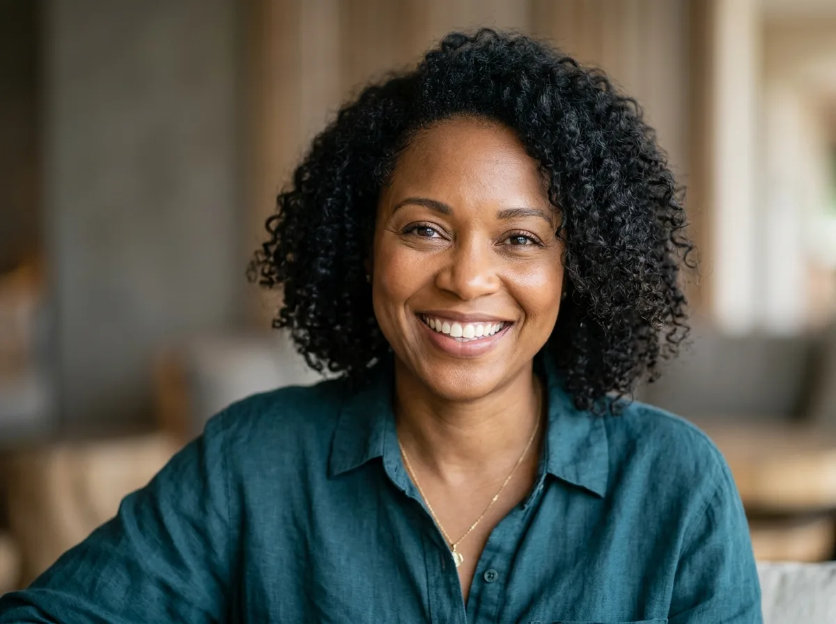 Headshot portrait of satisfied customer Yolanda M. smiling, family traveler, neutral background