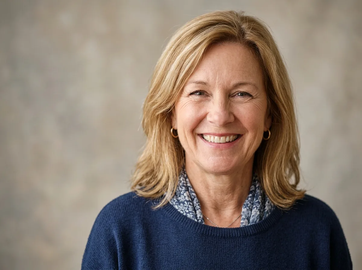 Headshot portrait of satisfied customer Angela S. smiling, leisure traveler, neutral background